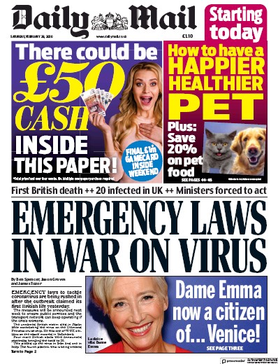 Daily Mail Newspaper Front Page (UK) for 29 February 2020