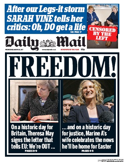Daily Mail Newspaper Front Page (UK) for 29 March 2017