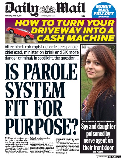 Daily Mail Newspaper Front Page (UK) for 29 March 2018