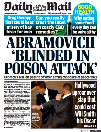 Daily Mail Newspaper Front Page (UK) for 29 March 2022