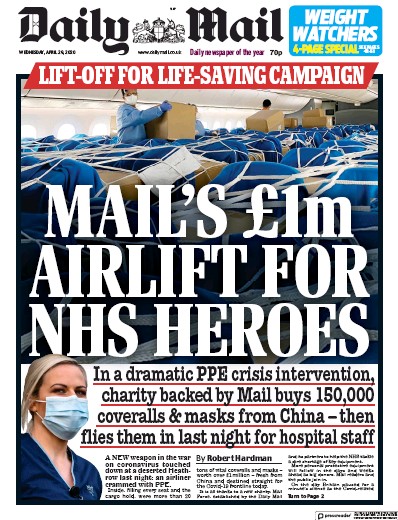 Daily Mail Newspaper Front Page (UK) for 29 April 2020