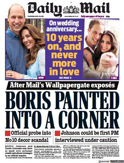 Daily Mail Newspaper Front Page (UK) for 29 April 2021