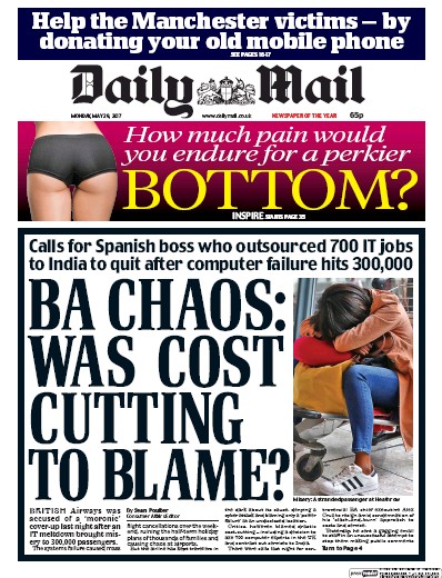 Daily Mail Newspaper Front Page (UK) for 29 May 2017