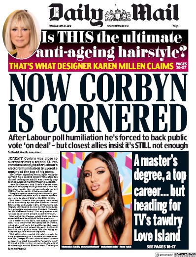 Daily Mail Newspaper Front Page (UK) for 29 May 2019