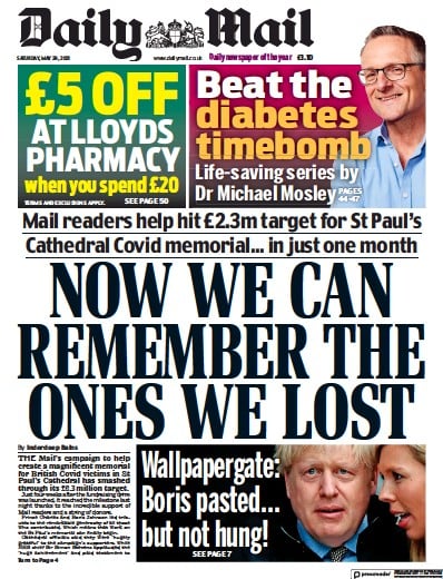 Daily Mail Newspaper Front Page (UK) for 29 May 2021