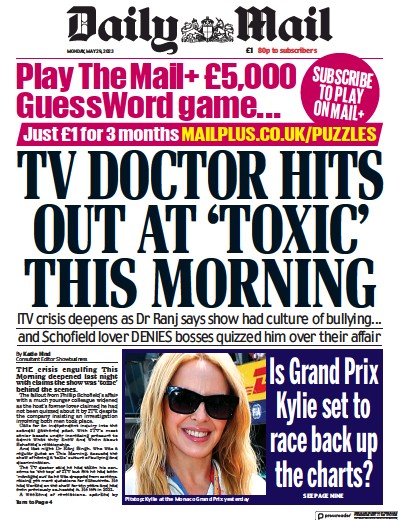 Daily Mail Newspaper Front Page (UK) for 29 May 2023