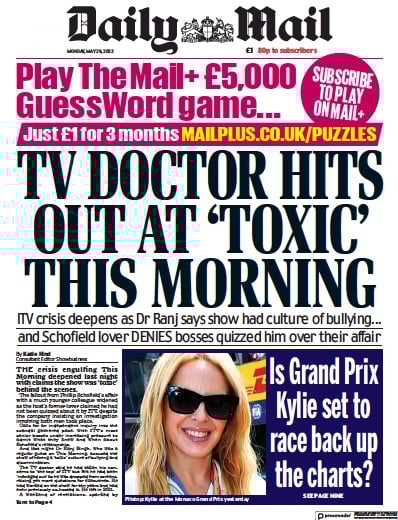 Daily Mail Newspaper Front Page (UK) for 29 May 2023