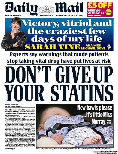 Daily Mail Newspaper Front Page (UK) for 29 June 2016