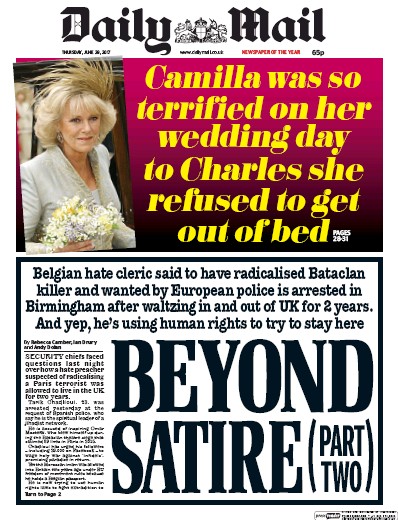 Daily Mail Newspaper Front Page (UK) for 29 June 2017