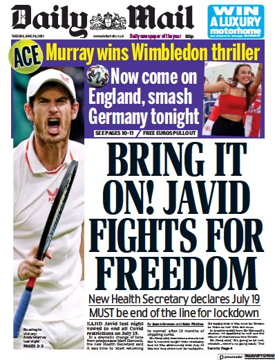 Daily Mail Newspaper Front Page (UK) for 29 June 2021
