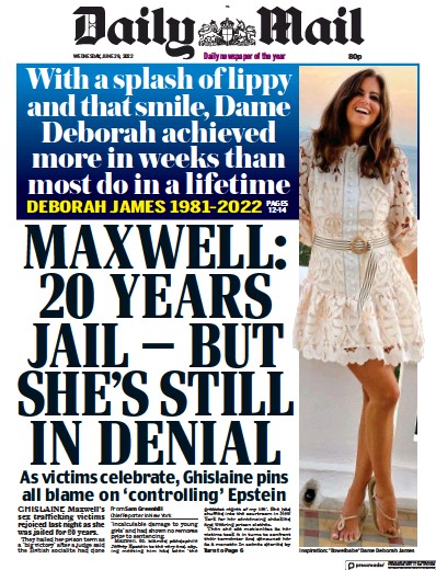Daily Mail Newspaper Front Page (UK) for 29 June 2022