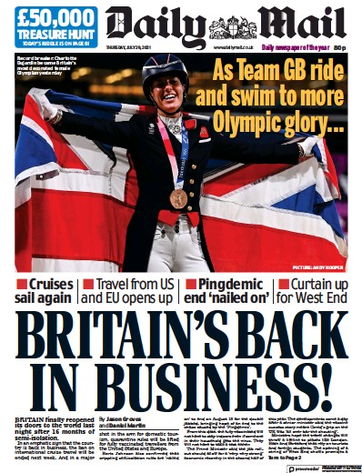 Daily Mail Newspaper Front Page (UK) for 29 July 2021