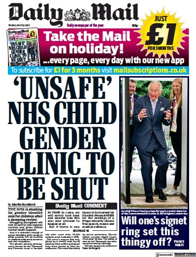 Daily Mail Newspaper Front Page (UK) for 29 July 2022