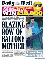 Daily Mail (UK) Newspaper Front Page for 29 August 2011