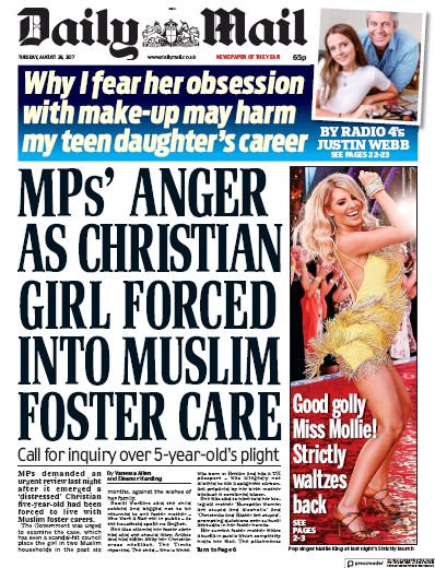 Daily Mail Newspaper Front Page (UK) for 29 August 2017