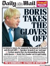 Daily Mail (UK) Newspaper Front Page for 29 August 2019