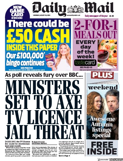 Daily Mail Newspaper Front Page (UK) for 29 August 2020