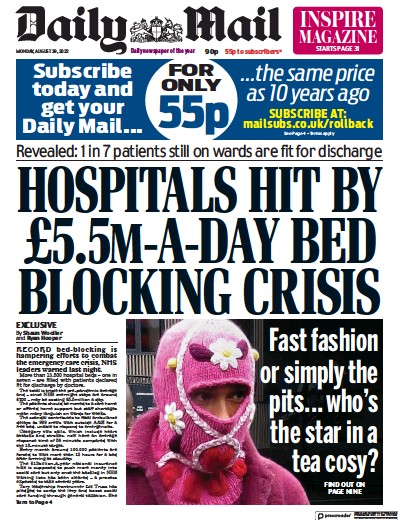 Daily Mail Newspaper Front Page (UK) for 29 August 2022