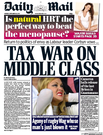 Daily Mail Newspaper Front Page (UK) for 29 September 2015