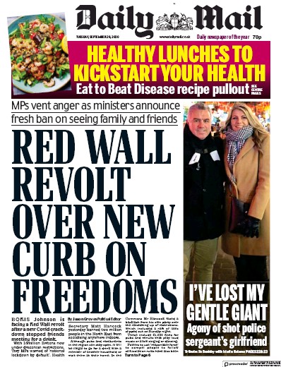 Daily Mail Newspaper Front Page (UK) for 29 September 2020