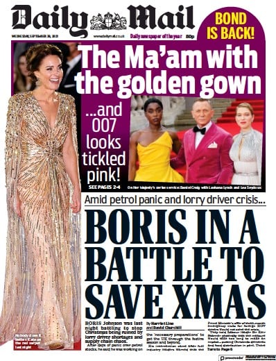 Daily Mail Newspaper Front Page (UK) for 29 September 2021