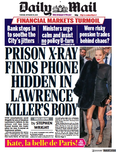 Daily Mail Newspaper Front Page (UK) for 29 September 2022