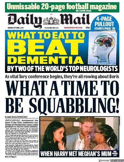 Daily Mail Newspaper Front Page (UK) for 2 October 2017