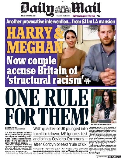 Daily Mail Newspaper Front Page (UK) for 2 October 2020