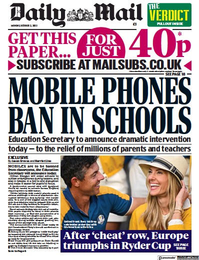 Daily Mail Newspaper Front Page (UK) for 2 October 2023