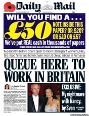 Daily Mail (UK) Newspaper Front Page for 2 November 2013
