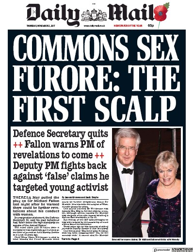 Daily Mail Newspaper Front Page (UK) for 2 November 2017