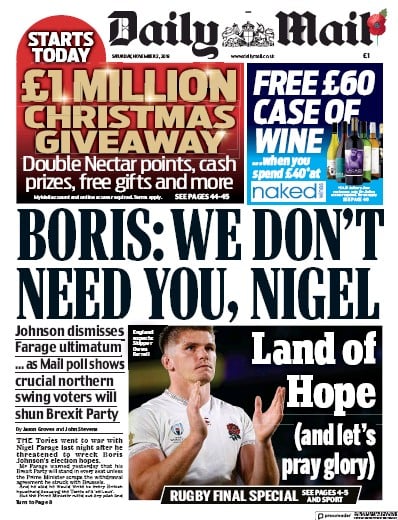 Daily Mail Newspaper Front Page (UK) for 2 November 2019