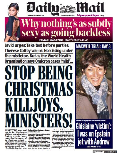 Daily Mail Newspaper Front Page (UK) for 2 December 2021