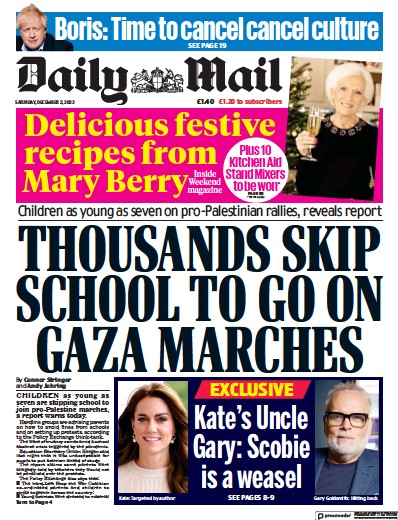 Daily Mail Newspaper Front Page (UK) for 2 December 2023