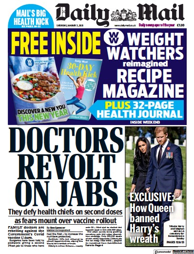 Daily Mail Newspaper Front Page (UK) for 2 January 2021