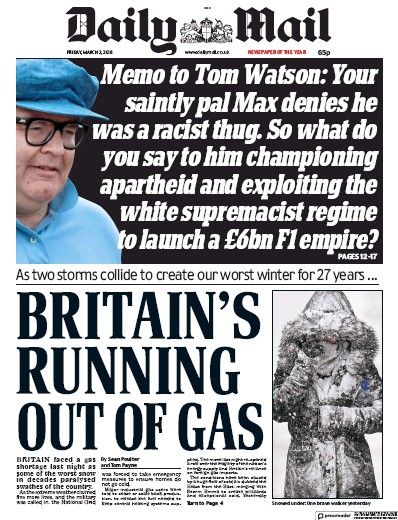 Daily Mail Newspaper Front Page (UK) for 2 March 2018