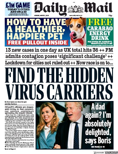 Daily Mail Newspaper Front Page (UK) for 2 March 2020
