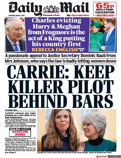 Daily Mail Newspaper Front Page (UK) for 2 March 2023