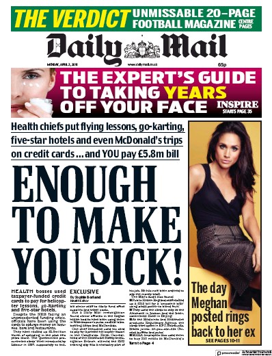 Daily Mail Newspaper Front Page (UK) for 2 April 2018