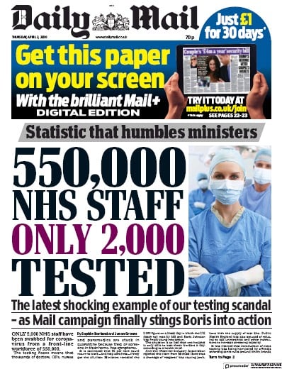 Daily Mail Newspaper Front Page (UK) for 2 April 2020