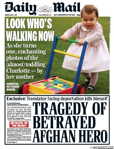 Daily Mail Newspaper Front Page (UK) for 2 May 2016
