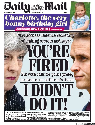 Daily Mail Newspaper Front Page (UK) for 2 May 2019