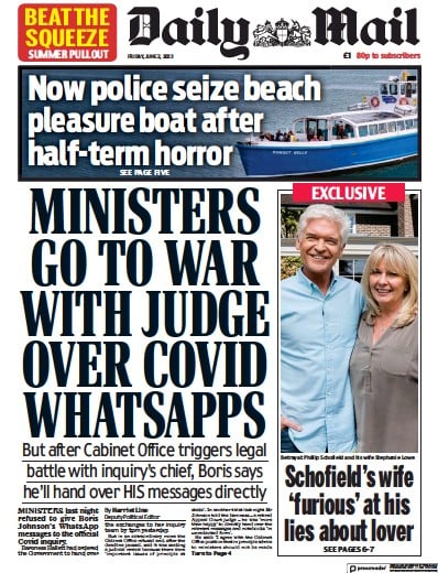 Daily Mail Newspaper Front Page (UK) for 2 June 2023