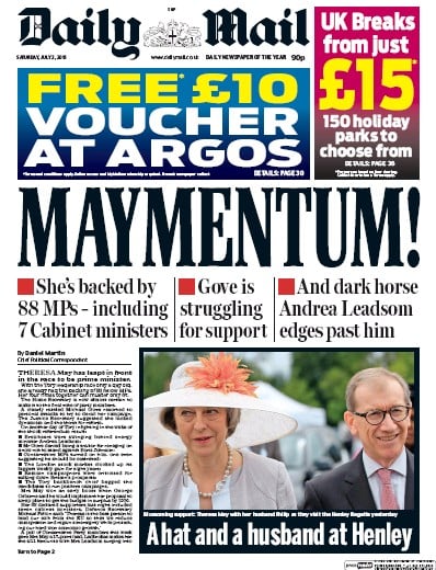 Daily Mail Newspaper Front Page (UK) for 2 July 2016