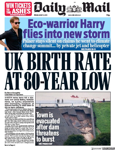 Daily Mail Newspaper Front Page (UK) for 2 August 2019