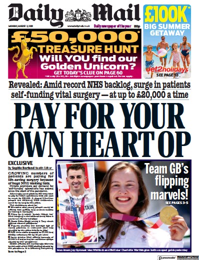 Daily Mail Newspaper Front Page (UK) for 2 August 2021