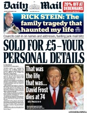 Daily Mail (UK) Newspaper Front Page for 2 September 2013