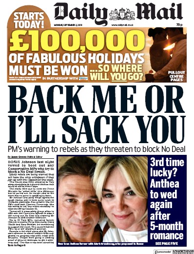 Daily Mail Newspaper Front Page (UK) for 2 September 2019