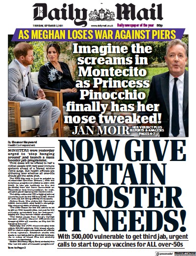 Daily Mail Newspaper Front Page (UK) for 2 September 2021