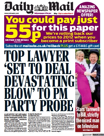 Daily Mail Newspaper Front Page (UK) for 2 September 2022